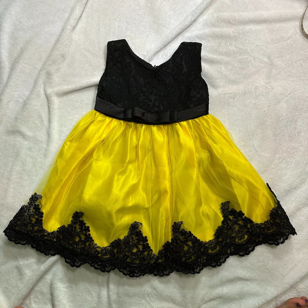 Floral Lace V-Neck Embroidered Pageant Black and Yellow Lace Dress Size 4T